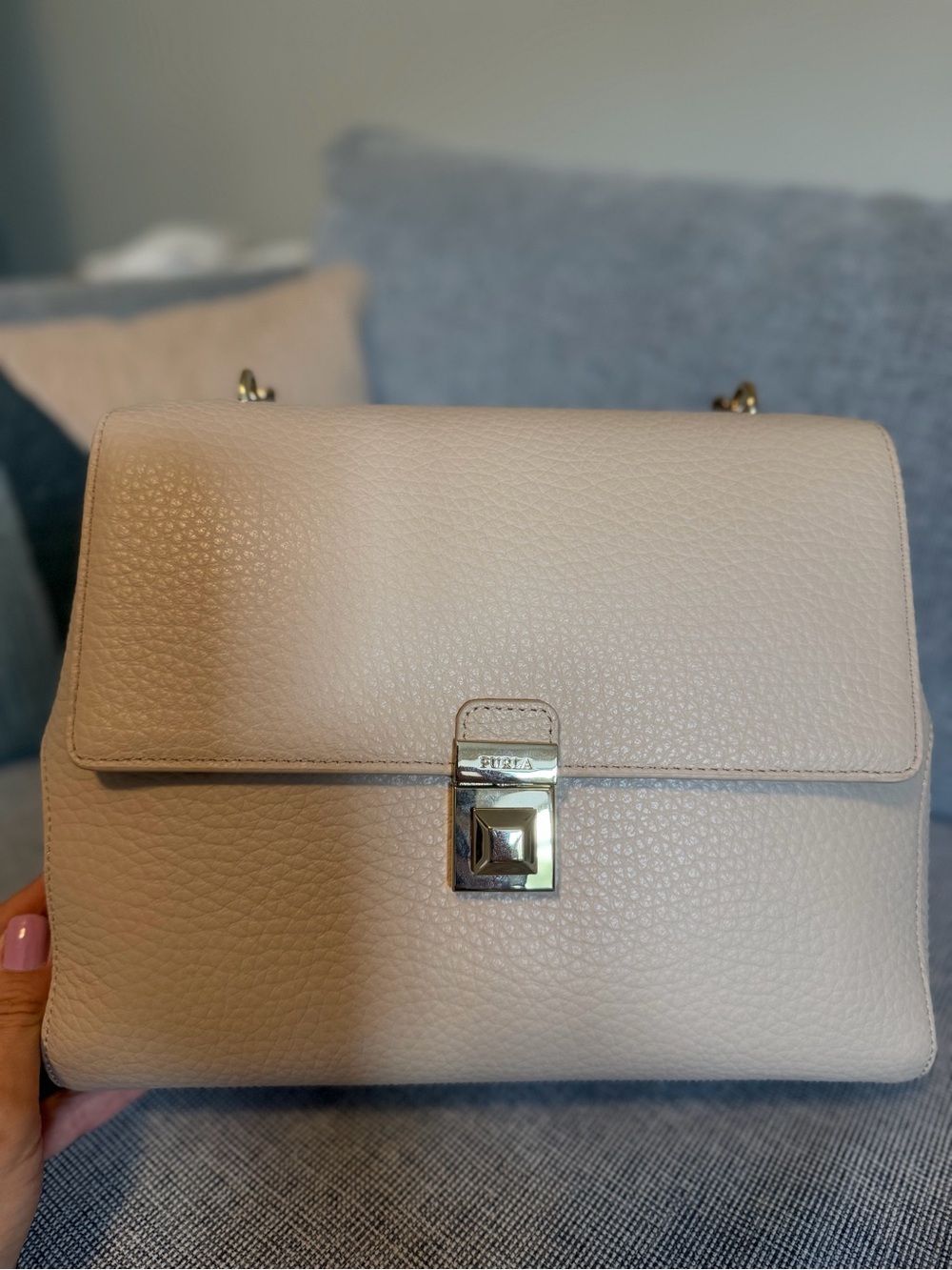 Furla Cream Pebbled Leather Top Handle Satchel with Gold Hardware - Picture 2 of 10